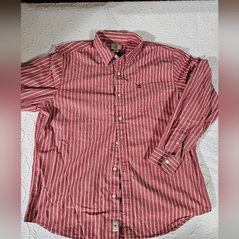 Timberland Men's Red Striped Button-Up Shirt Size XL